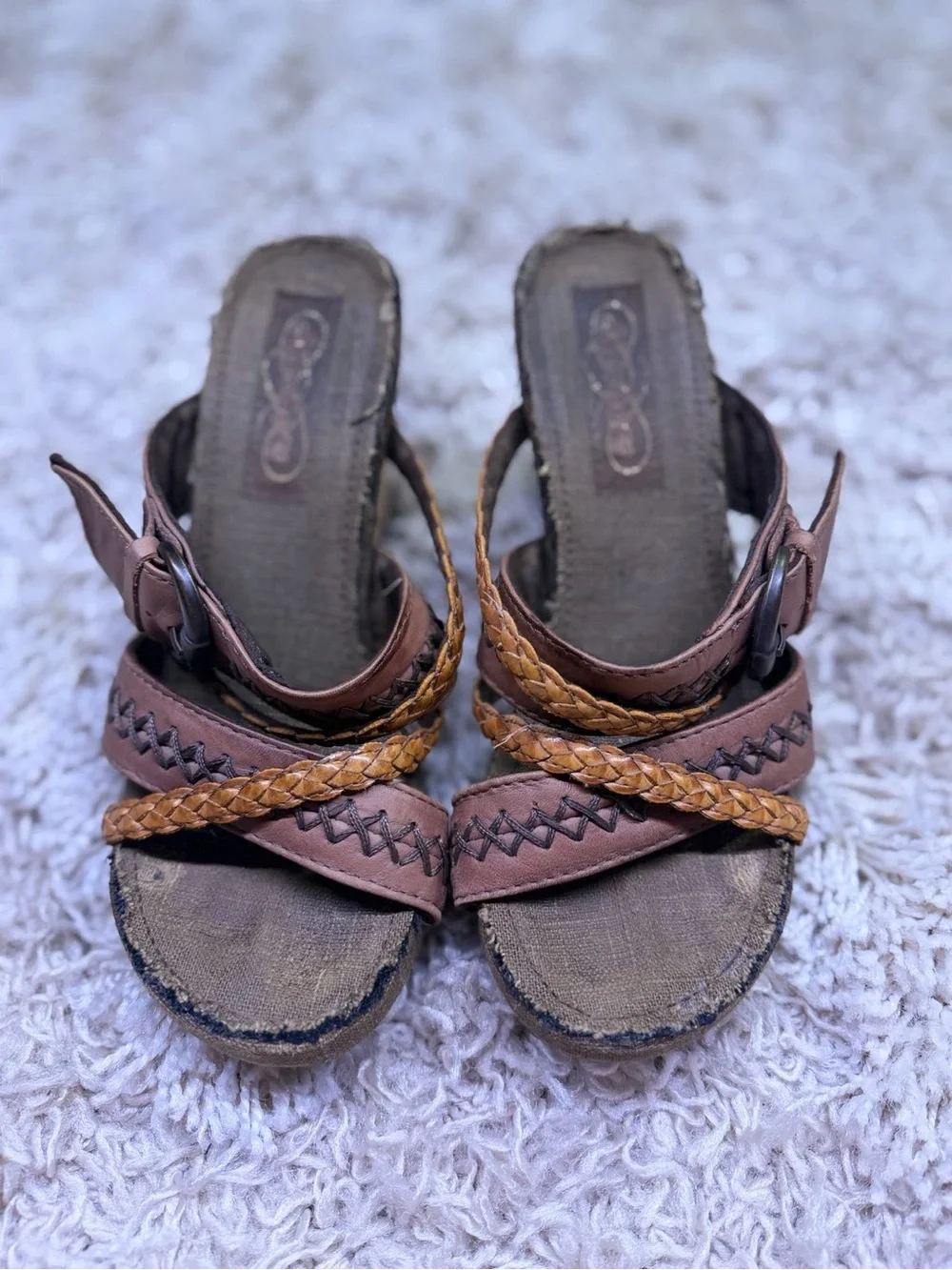 Skechers Modiste Electric Bond Brown Leather Cork Wedge Sandals Size 5